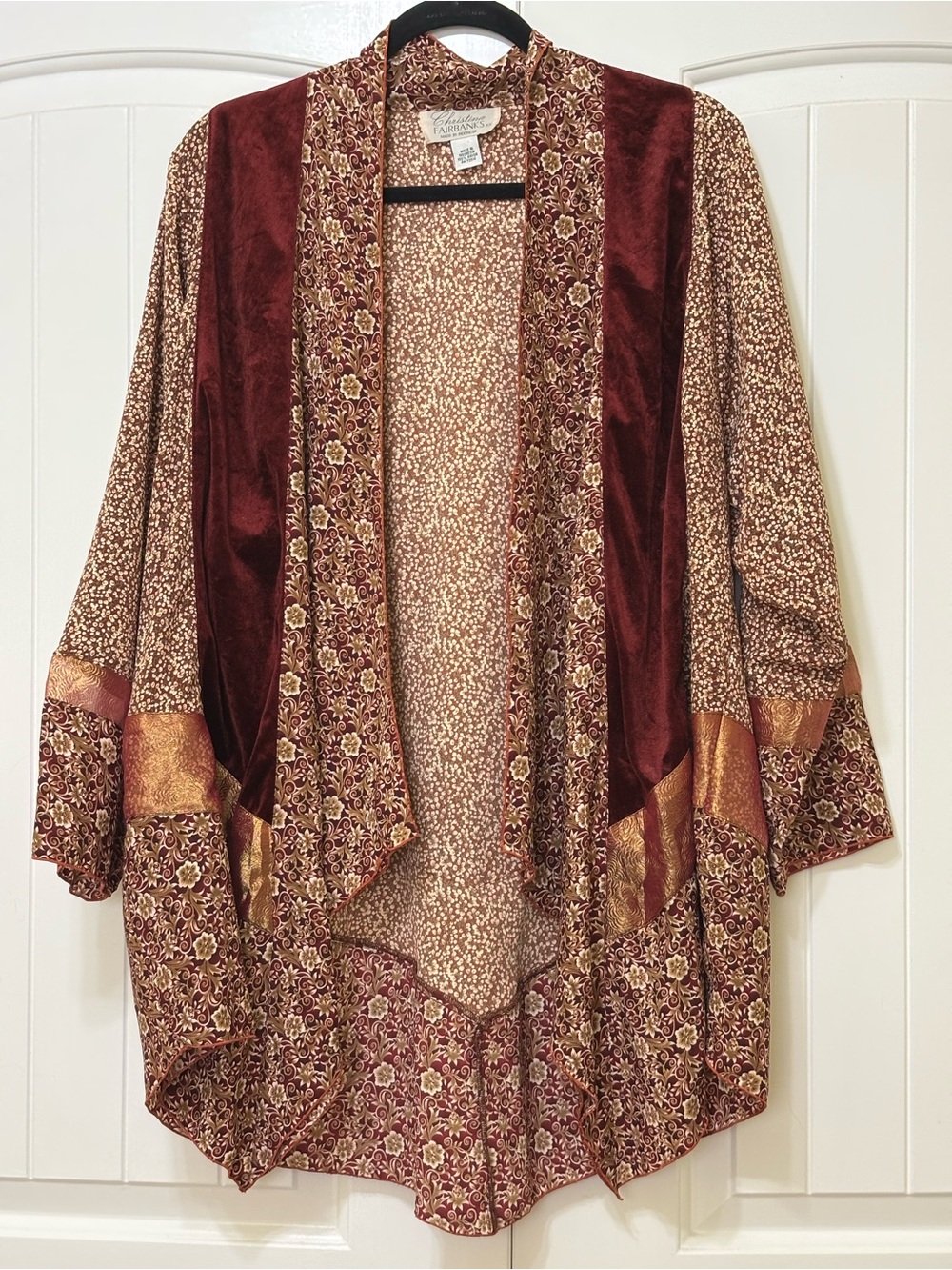 Vintage Christina Fairbanks Velvet Floral Kimono Cardigan Boho Duster sz XS